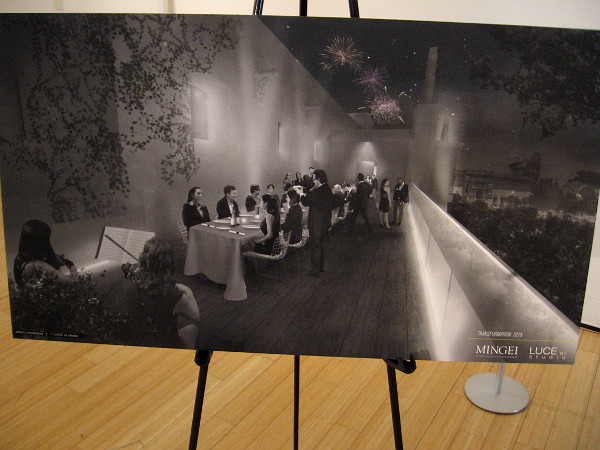 Rendering shows diners at night on the balcony. Illumination along the balcony will add a signature touch to the museum's appearance.