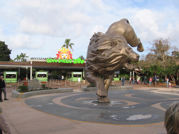 The 27-foot 10 ton sculpture of a lion that inspired the San Diego Zoo's founding stands in a newly renovated plaza by the zoo's entrance.
