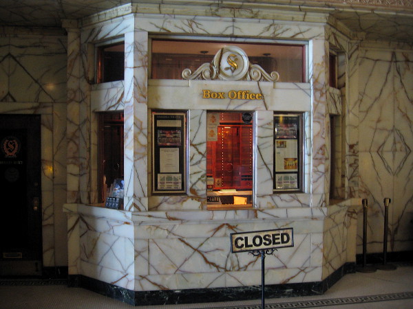 The Grand Lobby shines with onyx brought in from Mexico. I learned this original box office was hidden for many years behind a wall and forgotten.