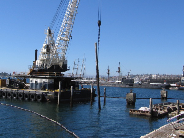 An old pile once used to support Anthony's Fish Grotto on San Diego's Embarcadero is removed with a large crane.