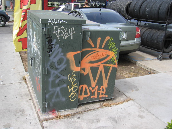Hastily scrawled graffiti is more common on the electrical boxes in this gritty section of Chula Vista.