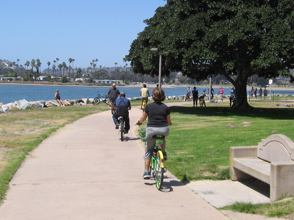 Biking north along the east side of Mission Bay, heading toward De Anza Cove.