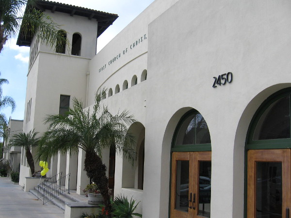 Balloons outside the entrance indicate this church is a participant in the annual San Diego Architectural Foundation's OPEN HOUSE.