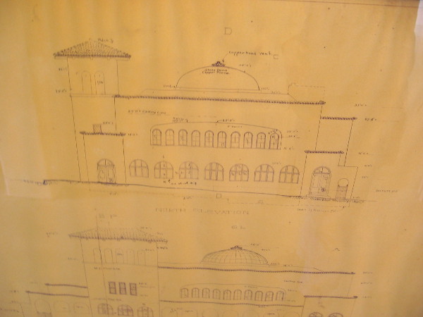I was told these are some of the original Irving Gill blueprints. The are displayed with other documents and historical photos in a hallway near the church sanctuary.