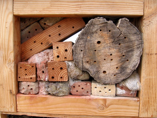 A close look at the fun beehouse. I think even I could make one of these.