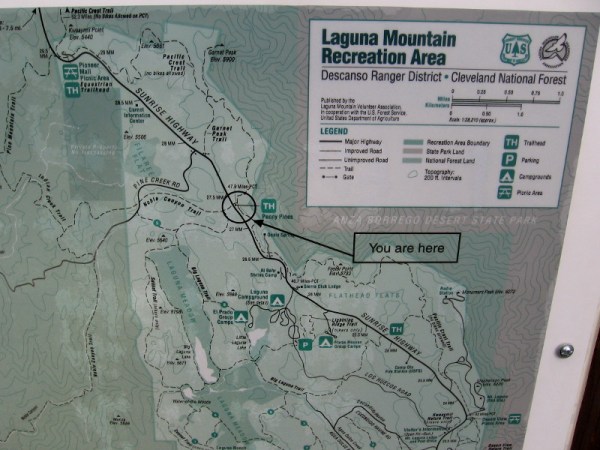 Part of a posted Map of Laguna Mountain Recreation Area. Big Laguna Lake forms during rainy season in Laguna Meadow.