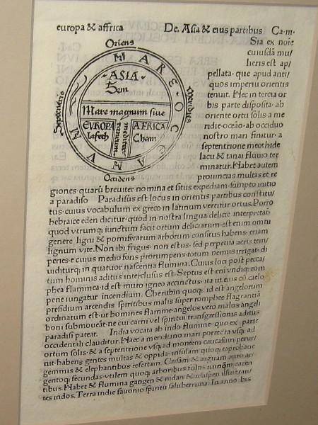 The world's first printed map of a certain date, 1472. This woodcut T-O shaped world map is from Isidorus Hispalensis (Isidore of Seville).