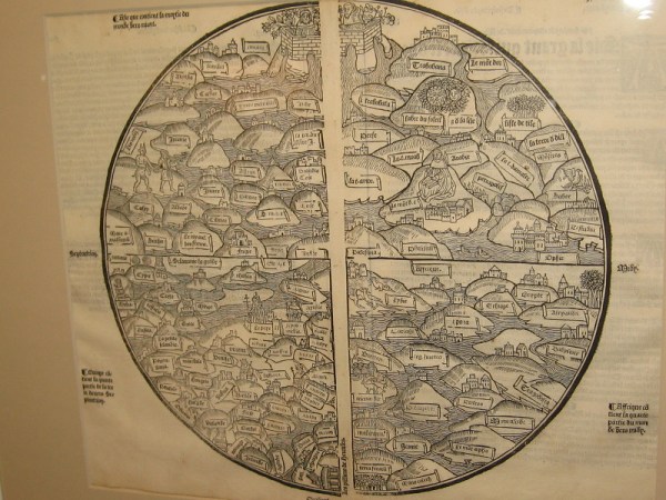 World Map, anonymous, 1491. This map was often hung in medieval monasteries or palaces. It first appeared in the Rudimentum Novitiorum of 1475.