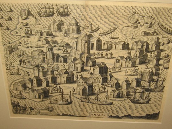 View of Macao, Theodore de Bry, 1607. A stylized map, the first published image of Macao.