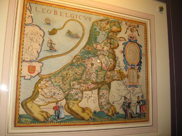 The Low Countries in the Form of a Lion, Petrus Kaerius, 1617. A map of the Netherlands and Belgium.