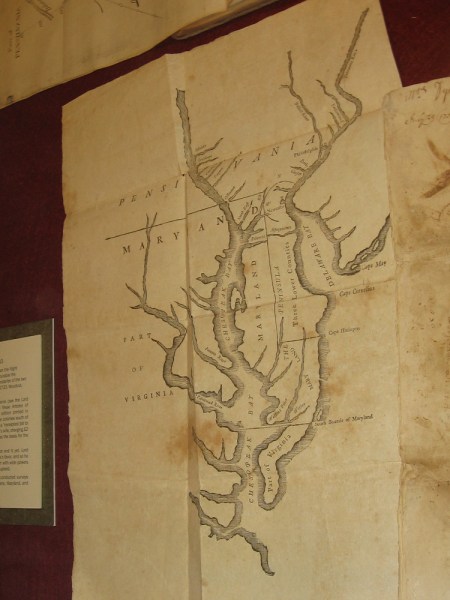 Chesapeake and Delaware Bays, Benjamin Franklin, 1733. Franklin likely cut the woodblock himself. The map shows the newly delineated boundaries of Maryland and Pennsylvania.