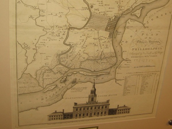 Philadelphia, William Faden, 1777. Lower half of the map includes copy of the earliest known printed image of Independence Hall.