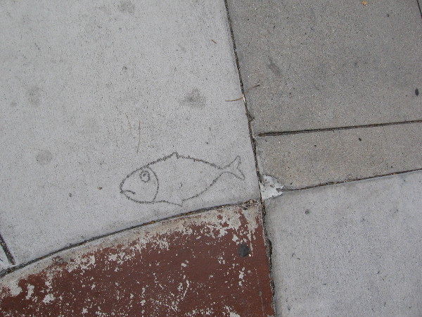 A fish etched in the concrete sidewalk near El Pescador Fish Market!