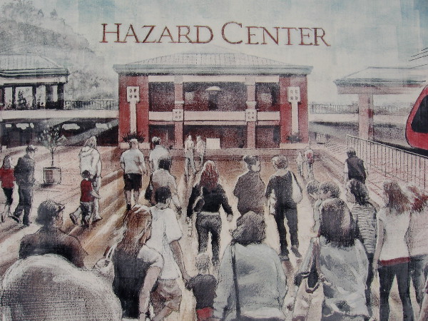 A mural on the south side of Hazard Center shows people flocking to the mall.