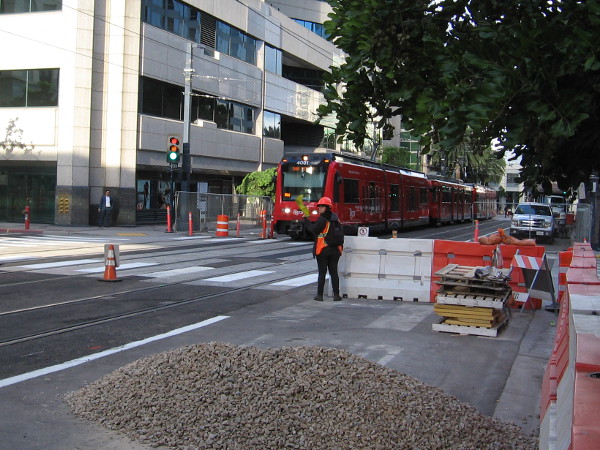 Here comes a trolley, approaching the new Courthouse station that is presently under construction.