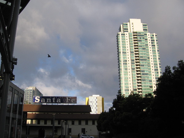 I'm nearing the Santa Fe Depot. Increasing clouds produced rain a few hours later.