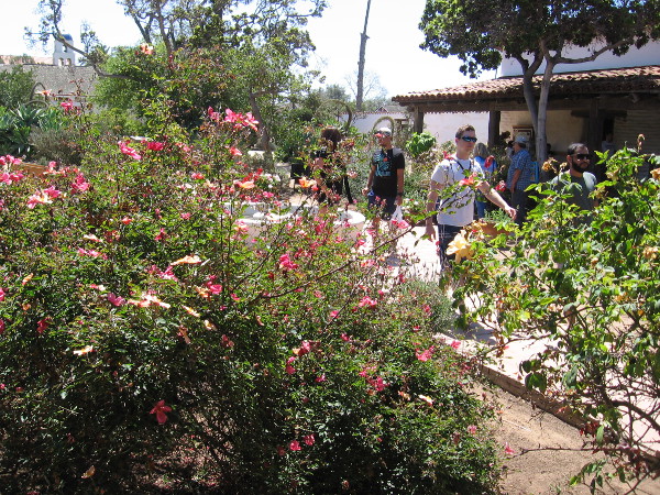 Visitors enjoy the lush, sunny courtyard of Casa de Estudillo.