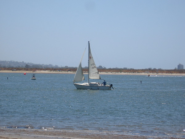 A sailboat in a corner of gentle blue Mission Bay, the largest man-made aquatic park in the United States.