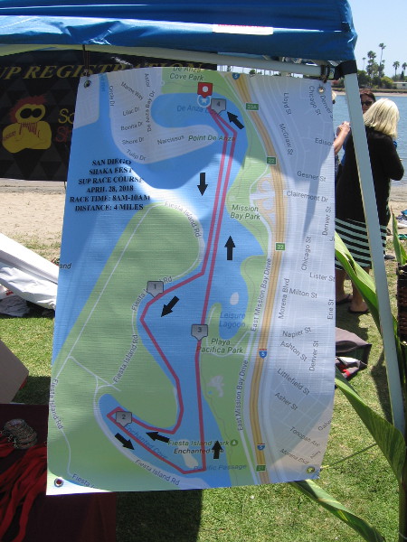 The SUP Race Course in Mission Bay heads down to Fiesta Island.