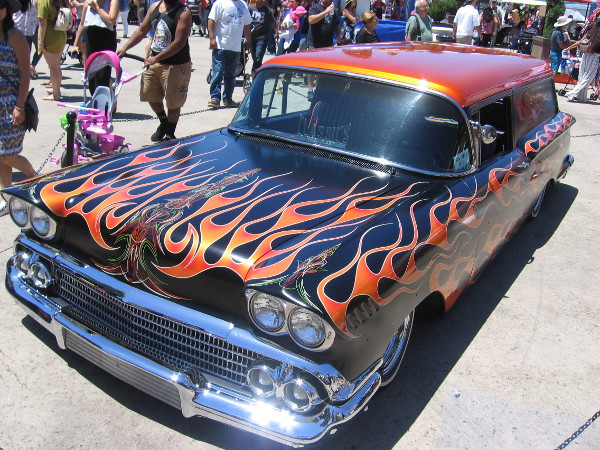 This cool lowrider was on display. It's a 1958 Chevy Del Ray Sedan Delivery painted with cool flames!