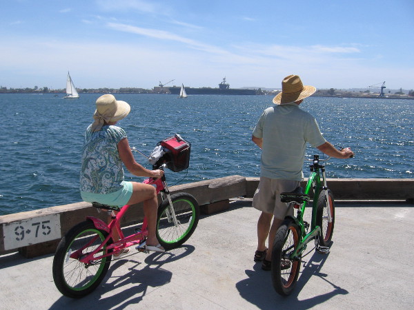 Stopping for a moment on bikes at the end of Broadway Pier.