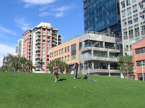 People enjoy the grassy hill in the Park at the Park, near the statue of baseball hitting legend Tony Gwynn.