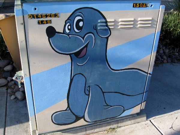 A funny sea lion on an electrical box on Fenton Parkway in Mission Valley.