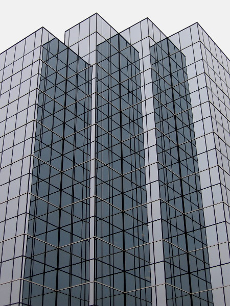 Looking up at one of the geometrically fascinating, glass Pacific Center towers in Mission Valley.