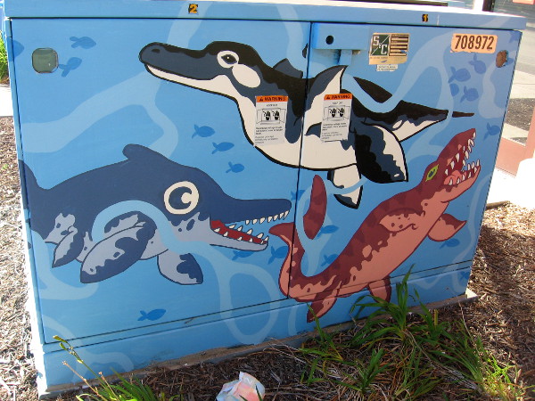The ocean in this street art seems to be populated by all sorts of odd prehistoric creatures!
