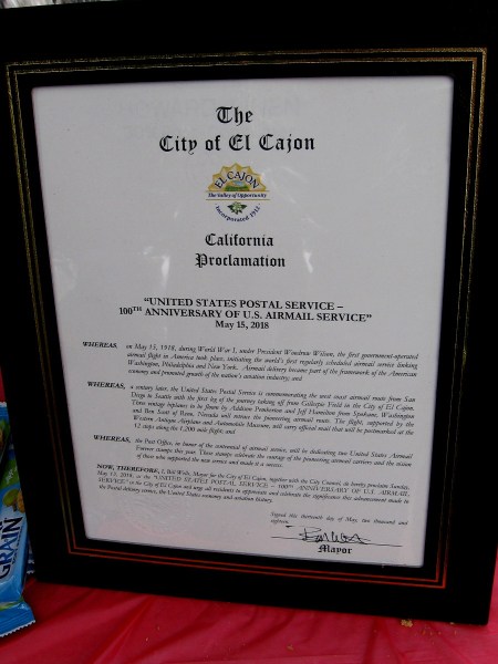 The City of El Cajon issued a proclamation to mark the 100th Anniversary of U.S. Airmail Service.