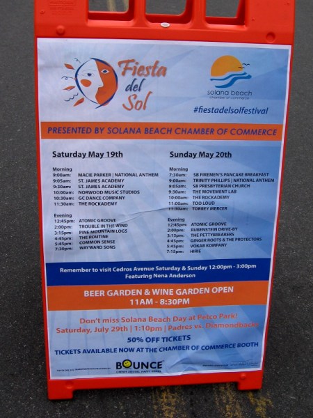 Fiesta del Sol, presented by the Solana Beach Chamber of Commerce, takes place beside Fletcher Cove Beach Park. The festival continues through the weekend.