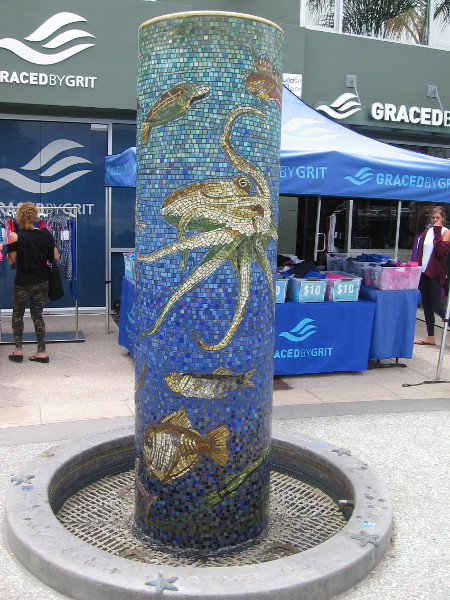 Cool mosaic artwork on Pacific Coast Highway shows marine life in the nearby ocean.