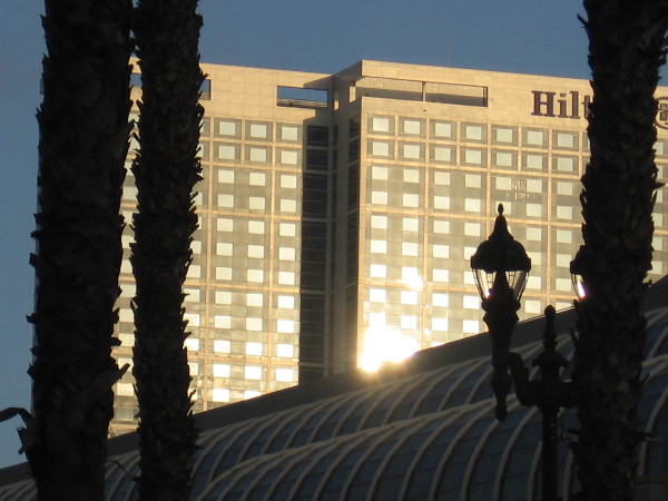 Sunlight on the side of the Hilton San Diego Bayfront.