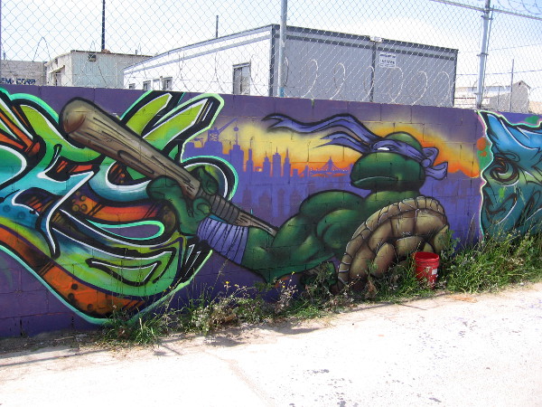 Donatello appears to be ready for action in an alley mural in Logan Heights.