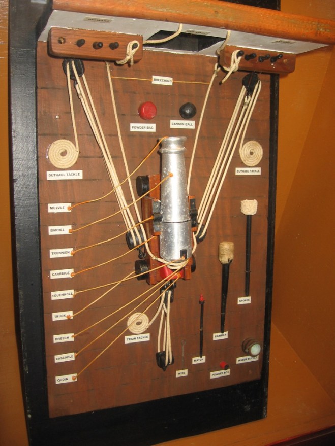 A display demonstrates aspects of a warship's gun and its operation.