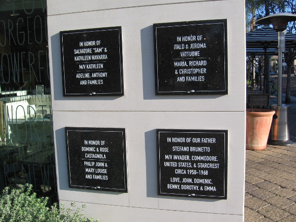 More plaques at Piazza Pescatore honor those who helped to make San Diego the tuna capital of the world during much of the 20th century.