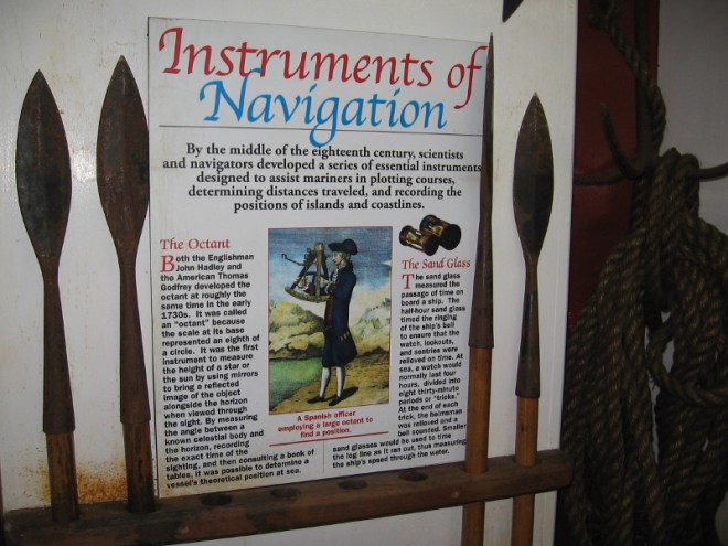 Instruments used to navigate a ship included the octant and sand glass.