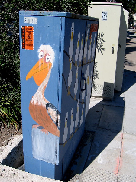 A silly pelican painted on a utility box on Mission Boulevard in South Mission Beach.