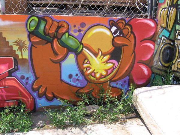 A bird-like character drinking from a green bottle.