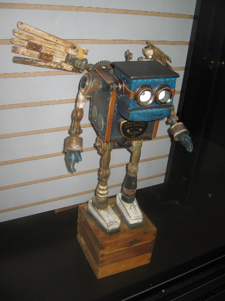 Assemblage artist Dan Jones created this cool little robot sculpture. He exhibits his work at San Diego Comic-Con, as well as many galleries, steampunk and sci-fi conventions.