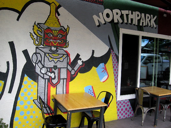 Fun robot graphic on the front wall of Soi 30th, a North Park Thai Eatery.