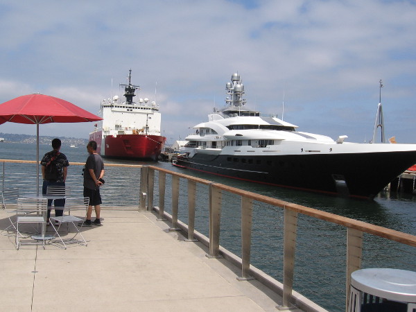 Two huge ships at the Cruise Ship Terminal. The superyacht Attessa IV and impressive U. S. Coast Guard cutter Healy (WAGB-20).