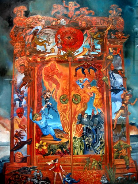 Cool psychedelic artwork in the window of Sparks Gallery includes Marvel, DC, and other pop culture characters.