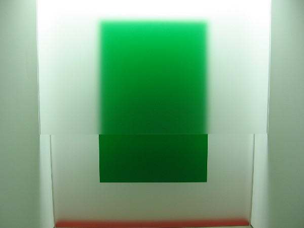 Green, Red-Orange, 2018, by artist Michael James Armstrong. Acrylic sheet, fluorescent light, spray paint.