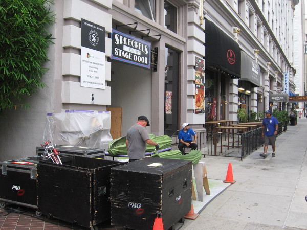 Equipment for the Conan O'Brien show during Comic-Con is being moved into the Spreckels Theatre.