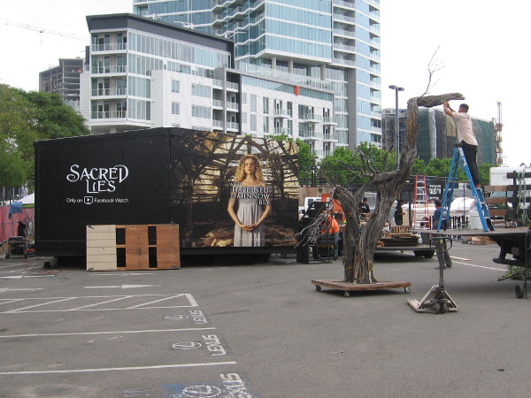Getting a tree ready at the Experience at Comic-Con, near the Sacred Lies activation.