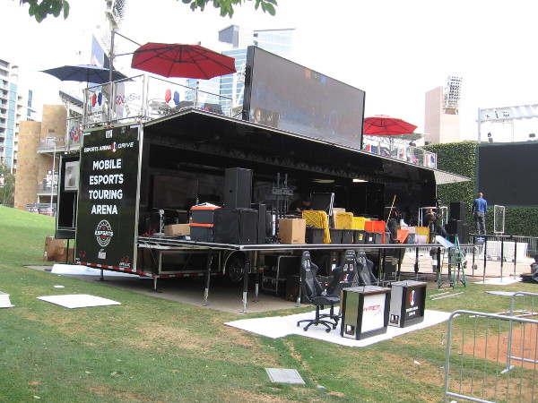The Mobile Esports Touring Arena is set up over the kids' baseball field in Park at the Park.