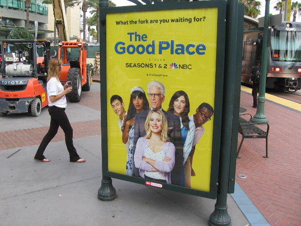 Various NBC posters have been placed about the Gaslamp trolley station.