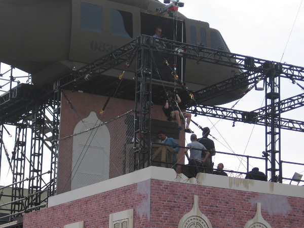 This morning they were testing the Jack Ryan Experience. A test subject was carefully lowered from the mock helicopter.