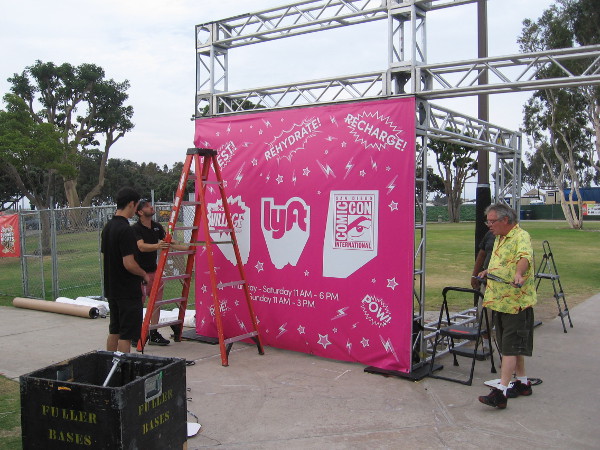 Getting the entrance to the Lyft Lounge at Comic-Con Village ready on Wedsnesday morning.